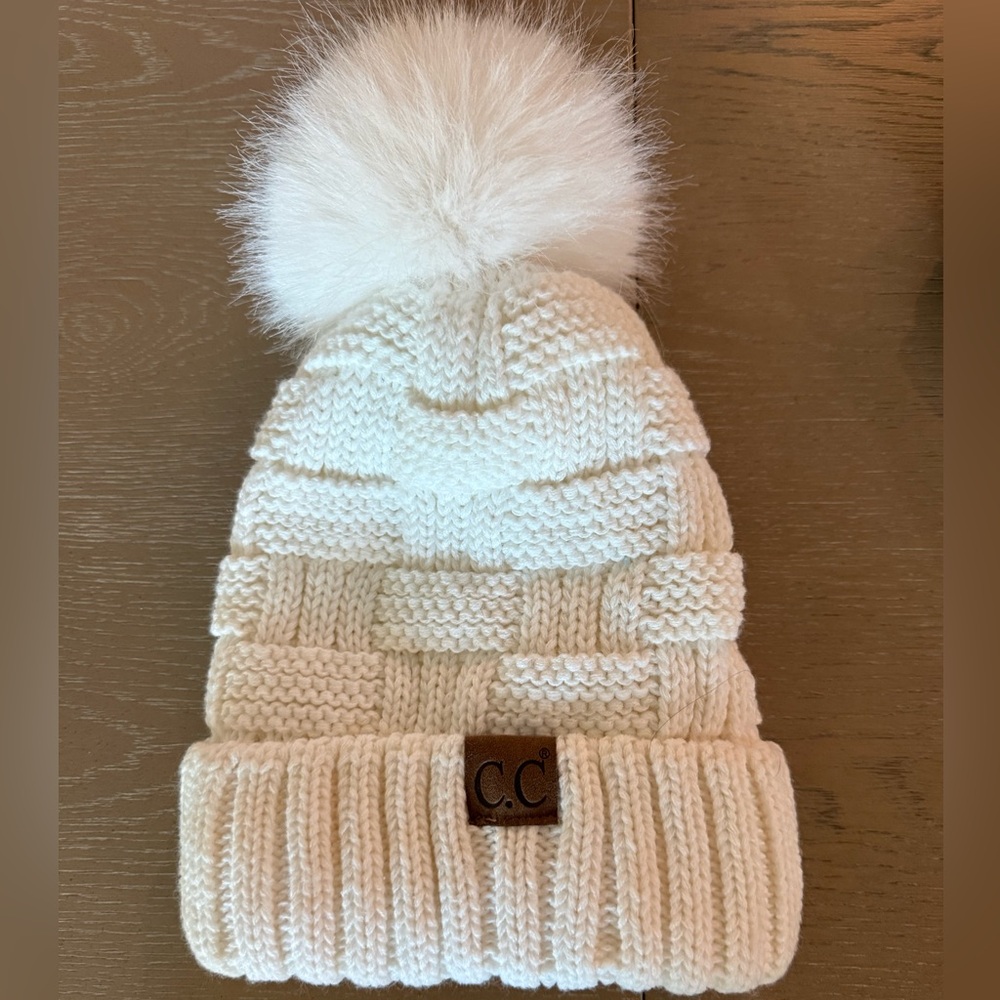 C.C Women's Cream Knit Beanie with Pom Pom